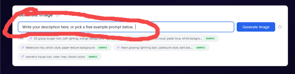 Workspace Generate Image card with empty prompt field and sample prompts