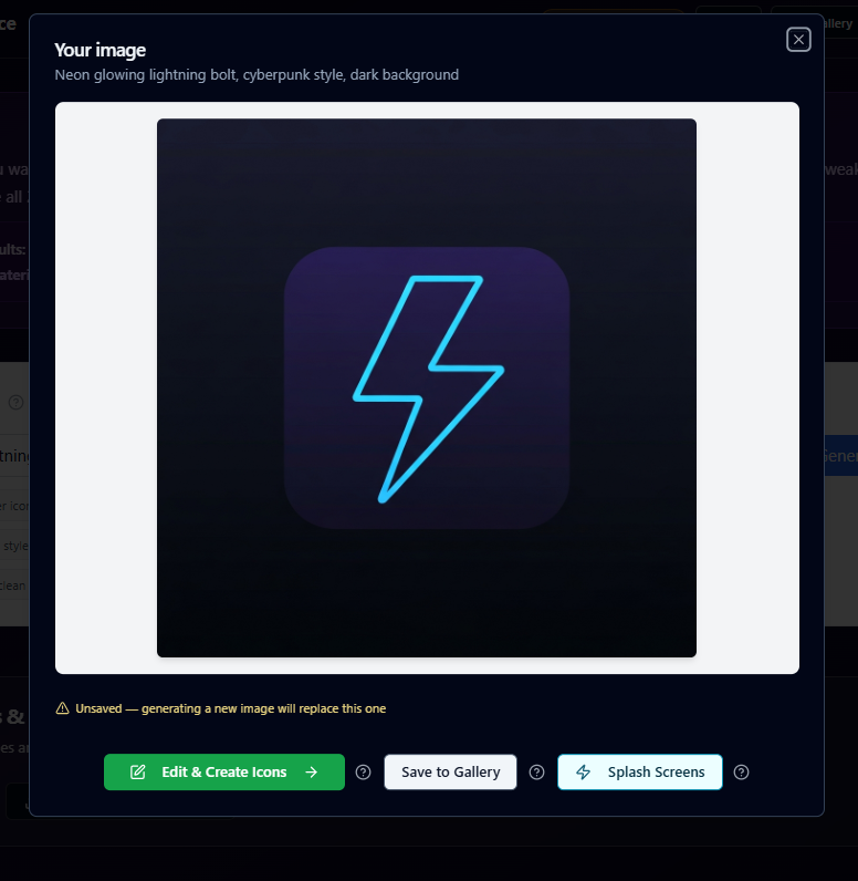 Your image modal with preview and Edit Save to Gallery Splash Screens buttons