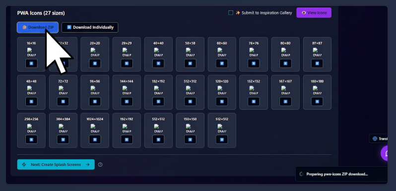 PWA Icons 27 sizes grid with Download ZIP